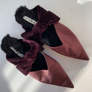 Zara pointed burgundy red flats satin like mules with black fur size US 7.5